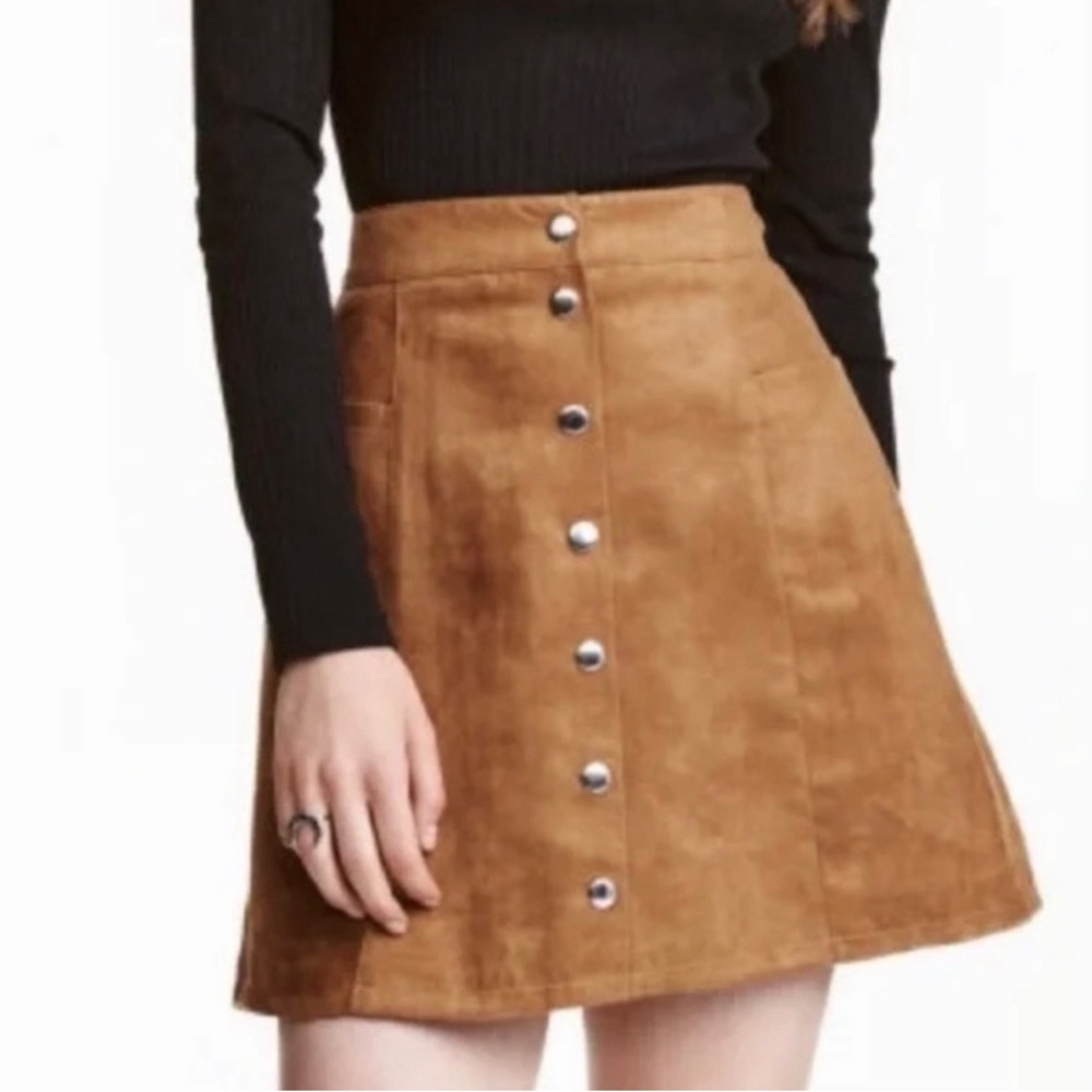 H&M A-Line Brown Faux Suede Skirt with Silver Buttons - Size 4
